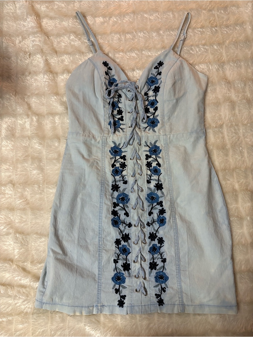 Small 36Point5 Light Blue Denim Mini Dress with Blue Floral Embroidery
